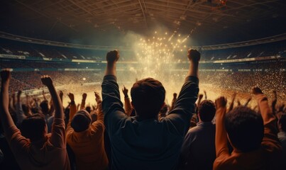 back view of fans celebrating victory in soccer stadium. Generative AI