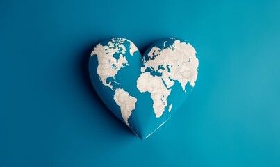 Female hands, painted in the world map, forming heart shape isolated on blue background. Generative AI
