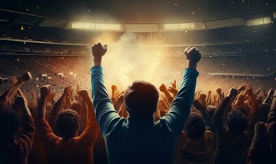 back view of fans celebrating victory in soccer stadium. Generative AI - obrazy, fototapety, plakaty