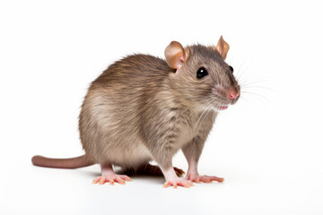 Close up photograph of a full body rat isolated on a solid white background