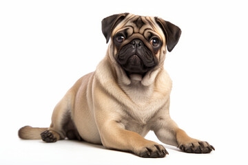 Close up photograph of a full body pug isolated on a solid white background