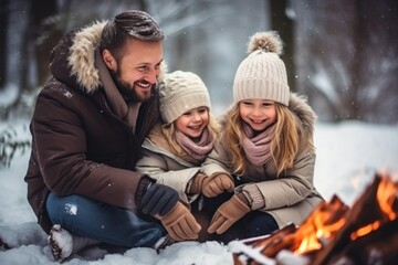 Family enjoying a winter picnic in a snow-covered park, sharing warmth and laughter in the winter cold