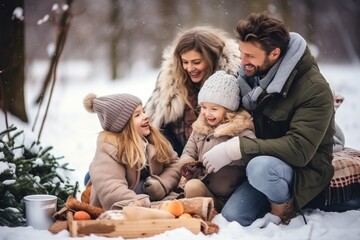 Family enjoying a winter picnic in a snow-covered park, sharing warmth and laughter in the winter cold