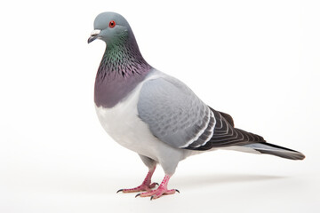 Close up photograph of a full body pigeon isolated on a solid white background