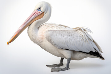 Close up photograph of a full body pelican isolated on a solid white background