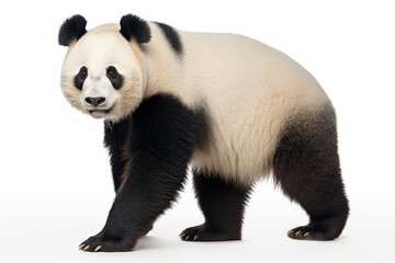 Close up photograph of a full body panda isolated on a solid white background