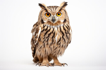 Close up photograph of a full body owl isolated on a solid white background
