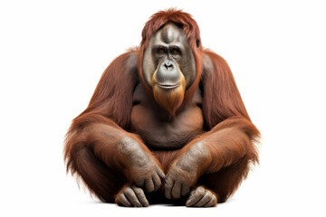 Close up photograph of a full body orangutan isolated on a solid white background
