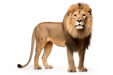 Close up photograph of a full body lion isolated on a solid white background