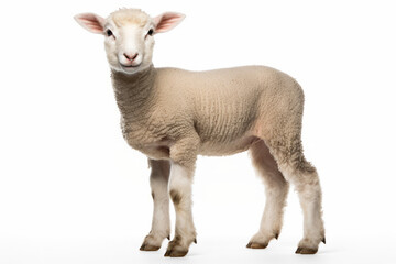 Close up photograph of a full body lamb isolated on a solid white background - obrazy, fototapety, plakaty
