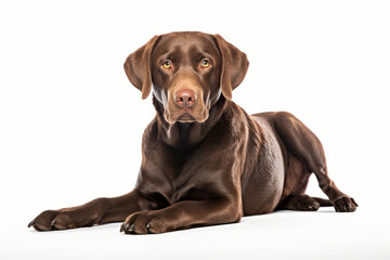 Close up photograph of a full body Labrador Retriever isolated on a solid white background