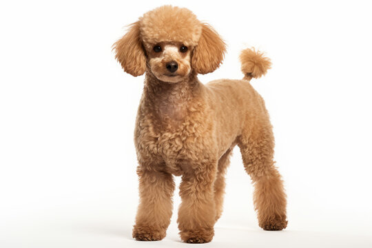 Close up photograph of a full body poodle isolated on a solid white background