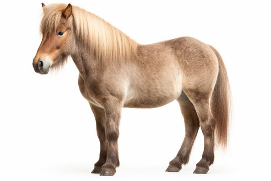 Close up photograph of a full body pony isolated on a solid white background