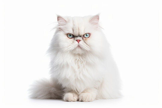 Close up photograph of a full body persian cat isolated on a solid white background