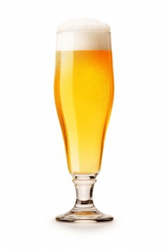 Flute glass of fresh yellow beer with cap of foam isolated. Generative AI