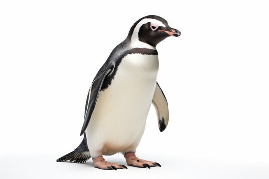 Close up photograph of a full body penguin isolated on a solid white background