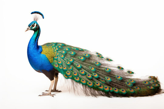 Close up photograph of a full body peacock isolated on a solid white background