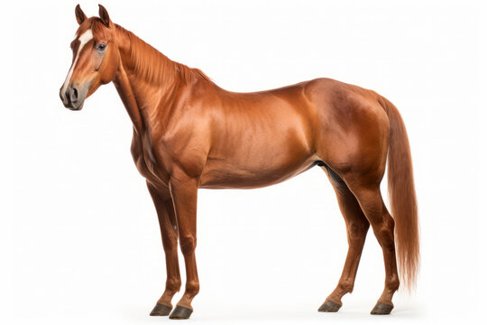 Close up photograph of a full body horse isolated on a solid white background