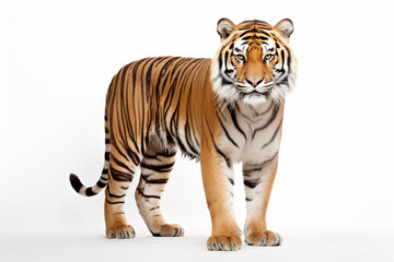 Close up photograph of a full body tiger isolated on a solid white background