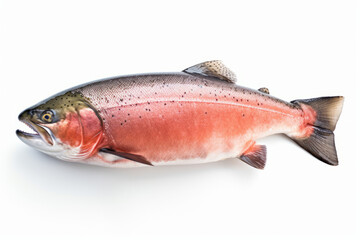 Close up photograph of a full body salmon isolated on a solid white background