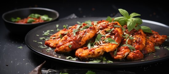 Fototapeta premium Chicken cutlets with sun-dried tomato sauce on a black dish on a concrete table.