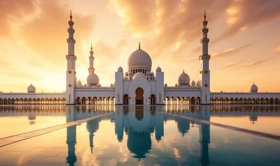 Fotobehang Abu Dhabi, UAE, Sheikh Zayed Grand Mosque in the Abu Dhabi, United Arab Emirates on a sunset view background. Generative AI © Pixel Hues