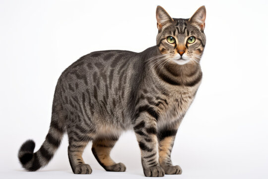 Close up photograph of a full body tabby cat isolated on a solid white background