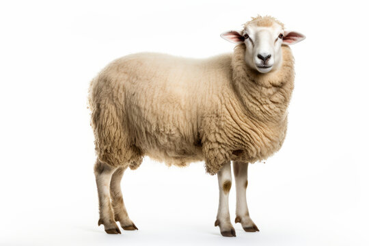 Close up photograph of a full body sheep isolated on a solid white background