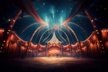 Image from inside a large circus illuminated by beautiful lights in its most incredible presentation, Generative AI