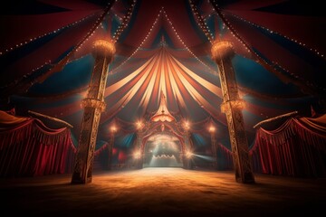 Image from inside a large circus illuminated by beautiful lights in its most incredible presentation, Generative AI