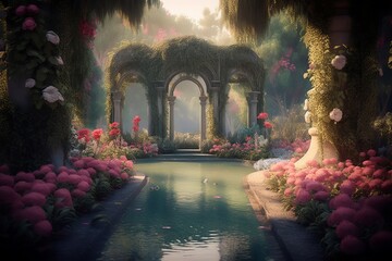 A beautiful secret fairytale garden with flower arches and beautiful tropical forest with colorful vegetation, Generative AI - obrazy, fototapety, plakaty