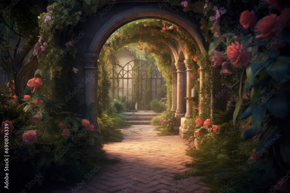 Wall mural a beautiful secret fairytale garden with flower arches and beautiful tropical forest with colorful v - Wall murals