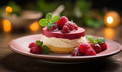 Delicious and delicate raspberry dessert with vanilla cream, strawberry and whipped cream. Selective focus, Generative AI