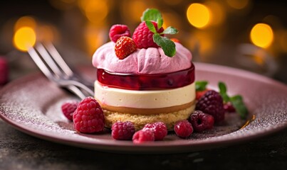 Delicious and delicate raspberry dessert with vanilla cream, strawberry and whipped cream. Selective focus, Generative AI