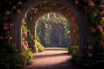 A beautiful secret fairytale garden with flower arches and beautiful tropical forest with colorful vegetation, Generative AI