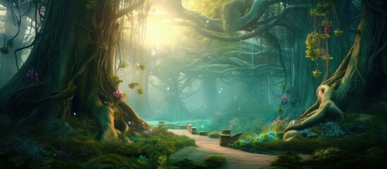 A beautiful fairytale enchanted forest with big trees and great vegetation. Generative AI