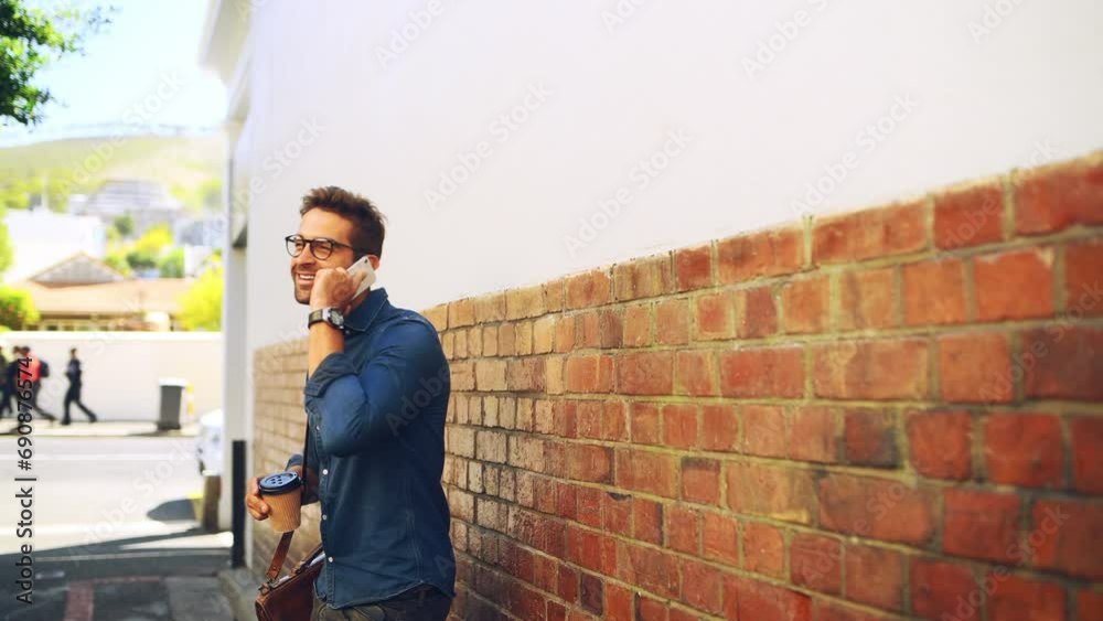 Poster man, phone call and happy in street with coffee for talking, conversation or networking outdoor in c