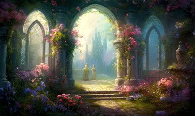 A beautiful secret fairytale garden with flower arches and colorful greenery. Generative AI
