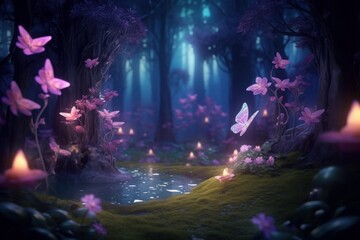 A beautiful fairytale enchanted forest at night made of glittering crystals with trees and colorful vegetation, Generative AI