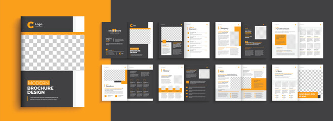 Company profile business brochure template with yellow, red modern shape. 16 pages a4 brochure template layout design