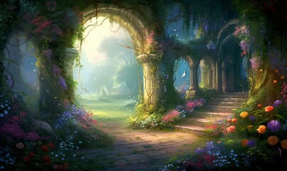 A beautiful secret fairytale garden with flower arches and colorful greenery. Illustration, Generative AI - obrazy, fototapety, plakaty