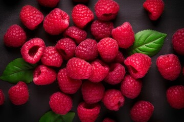 Fresh raspberries on dark background, top view, flat lay. Generative AI