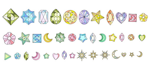 Set of shiny rhinestones and golden stars. Trendy 2000s crystal gem glamorous selection. Hand drawn vector illustration. 