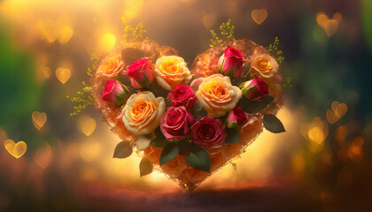 an artistic representation of a heart-shaped bouquet of roses with soft, warm lighting