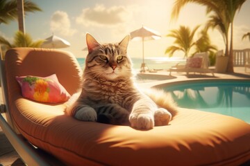 A cat has a summer vacation at a beautiful beach resort. Generative AI - obrazy, fototapety, plakaty