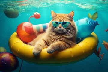 Handsome cat chilling on a pool float and playing with toy fish. Generative AI - obrazy, fototapety, plakaty