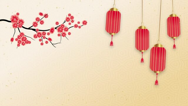 Chinese New Year Background with Red Lanterns and Branches, Happy Chinese New Year Sakura Flowers And Lanterns Background