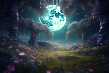 A beautiful fairytale enchanted forest at night with a big moon in the sky illuminating trees and great vegetation, Generative AI