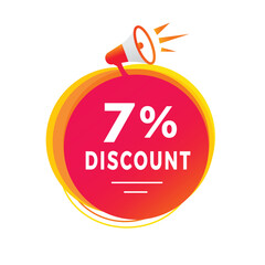 7 percent discount banner, label megaphone icon. announcement for sale vector template.