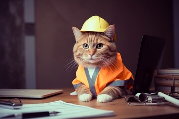 Handsome cat engineer construction worker sitting at the desk and using notebook for work. Generative AI